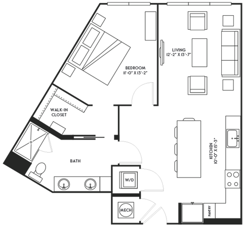 Floor plan for 1 bed, 1 bath, 840 sqft